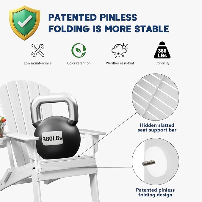 Folding Adirondack Chair, SGS Tested, Wooden Textured with Cup Holder, Heavy All-Weather HDPE Comfortable Set Poolside Backyard Lawn White