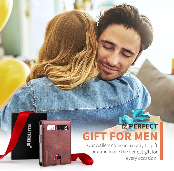 RUNBOX Slim Wallets for Men - Leather Money Clip Mens Wallet - RFID Blocking Front Pocket Bifold Wallet - Thin Credit Card Holder with Gift Box