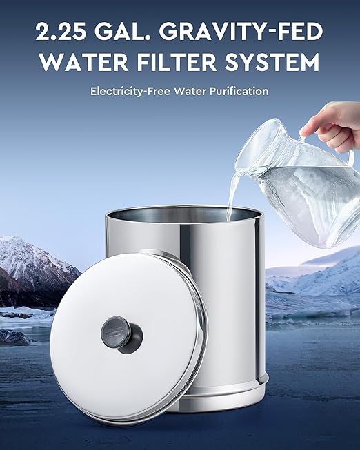 CO-Z Gravity-Fed Water Filter System, 2.25 Gallons Countertop Water Filtration System, 304 Stainless Steel Gravity Water Purifier with 2 Carbon Filters & Water Spigot, NSF/ANSI 42 Certification