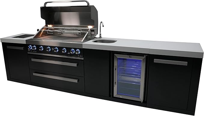 Mont Alpi MAi805-BSSBEV 6-Burner 115000 BTU Black Stainless Steel Island Outdoor Kitchen Gas Barbecue Grill with Beverage Center - Granite Countertops + Storage Drawers and Cabinets + Faucet & Sink