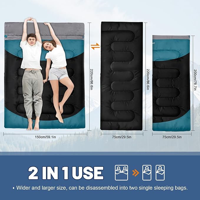 Double Sleeping Bag for Adults Machine Washable 2 Person Camping Sleeping Bag Queen Size Waterproof with Compression Sack for Cold Weather 3-4 Seasons
