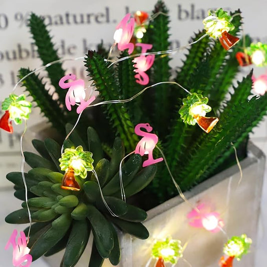 Flamingo&Palm Tree Fairy Lights 30 LED Copper String Lights with Remote Control & Battery Operated Flamingos Lights for Christmas, Summer Tropical Beach Hawaiian Decor