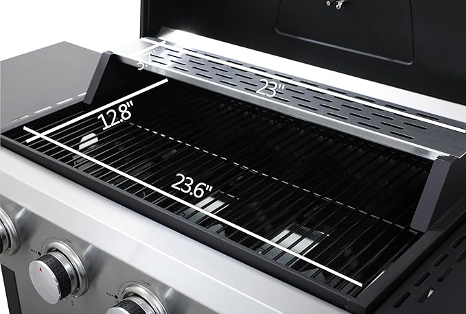 4-Burner Propane Gas BBQ Grill, 34,200 BTU Output With Wire Enamel Cooking Grids For Outdoor Barbecue, Stainless Steel Foldable Side Table, Hanging Basket,Black Silver