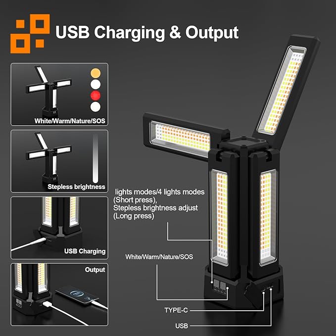 13200mAh Rechargeable Solar Work Light with Folding Stand and Carrying Bag, AODOO 8000 Lumen Cordless Camping Light, White/Warm/Nature White/RED(SOS) with Detachable Tripod