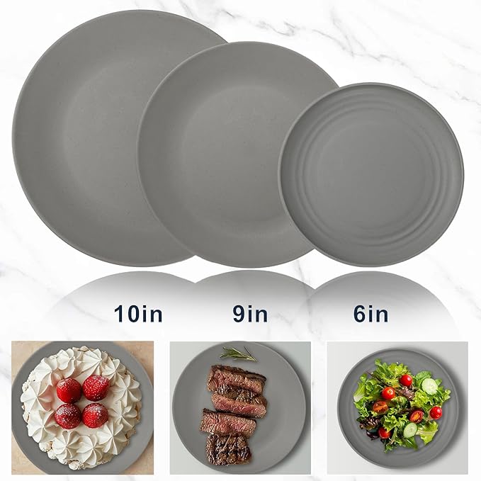 40Pack plates and bowls sets for kitchen - Unbreakable wheat straw dinnerware sets service for 8 - Alternative plastic 40pcs dish sets for picnic,camping and R.V. - (Grey)