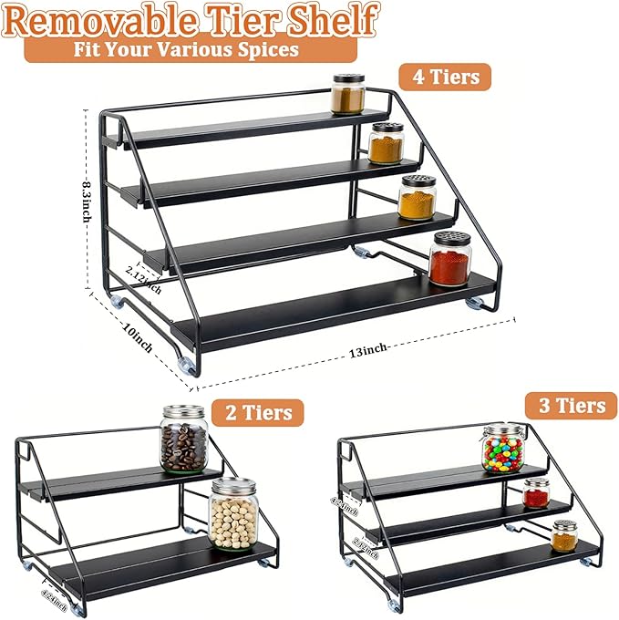 4 Tier Spice Rack Organizer for Cabinet, Step Adjustable Spice Shelf Seasoning Organizer with Non Slip Tiers, Expandable Metal Spice Rack for Kitchen Countertop, Pantry, Cupboard – Black