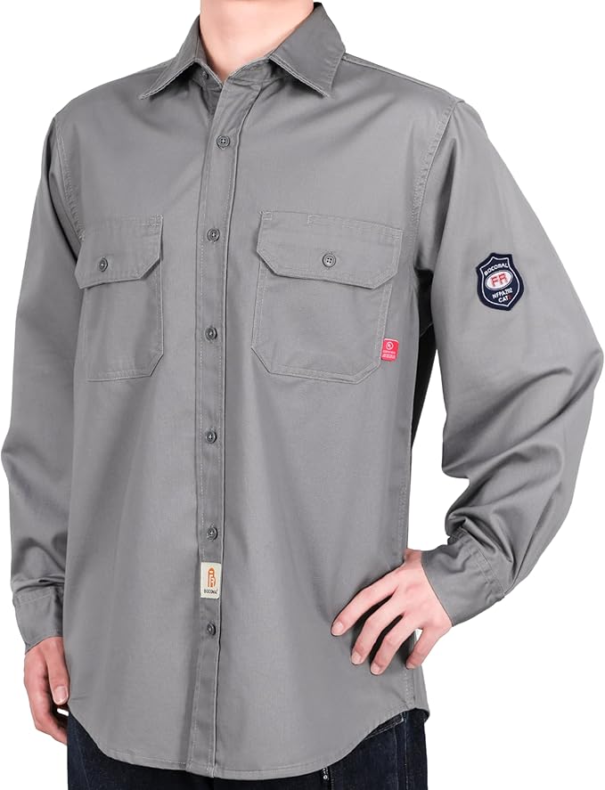 BOCOMAL FR Shirts Flame Resistant 100% C NFPA2112 7.5oz Men's Fire Retardant Welding Shirt