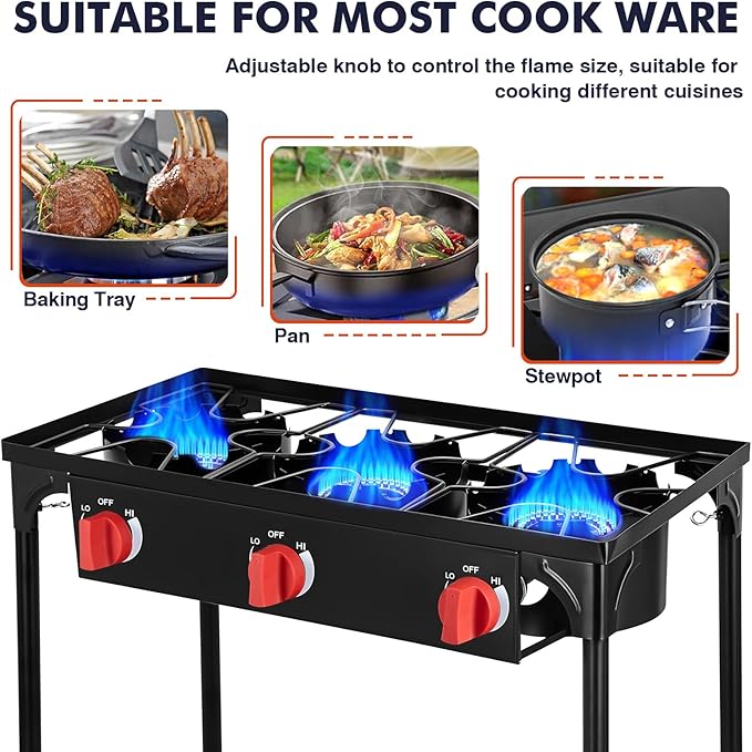 Llamaviva 3 Burner Gas Stove, Propane Outdoor Stove with Removable Legs,Auto Ignition Button&Regulator, 225,000 BTU,Propane Burners for Outdoor Cooking, Camping&BBQ Cookouts