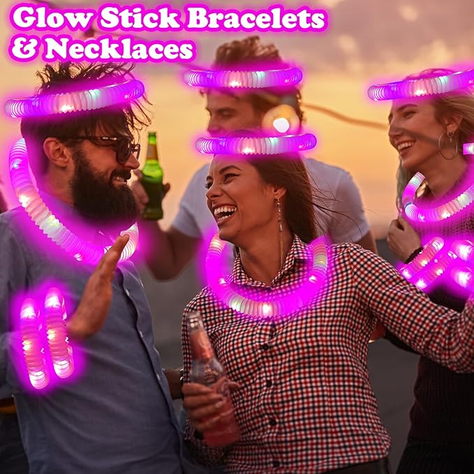 Pink Glow Sticks Party Favors for Kids 24 PCS,LED Light up Pop Tubes for Toddlers, Neon Necklaces Bracelets Accessories, Glow Birthday Wedding Dance Party Supplies Camping Toys Decorations