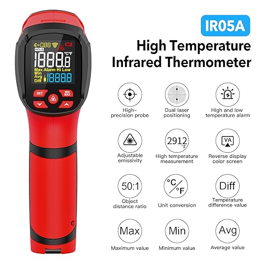 '-40℉~2912℉ MESTEK Infrared Thermometer Temperature Gun,50:1 Dual Laser High Temp Thermometer with Thermocouple Probe, Non-Contact Industrial Pyrometer for Engine, Kiln, Forging,Humidity Measurement