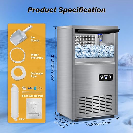Commercial Ice Maker Machine with 40 lbs Storage Bin, 140 lbs/24H Built in Ice Machine with 2-Water Inlet Options, Stainless Steel Under Counter Freestanding Ice Maker for Home, Bar, and Restaurant