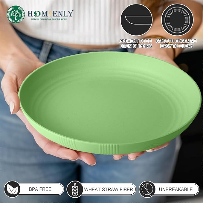 Homienly Wheat Straw Plates Set, 10 inch Deep Dinner Plates, Unbreakable Plates for Kitchen, Camping, 8 PCS Lightweight Round Plates, Microwave and Dishwasher Safe Plate Set - Light Green