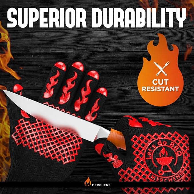 Pro-Series BBQ Gloves - Heat Resistant Grill, Grilling, and Oven Gloves for Culinary Experts - Extreme Fireproof Protection, Silicone Grip, Extra Long Mitts - Indoor & Outdoor - with Protective case