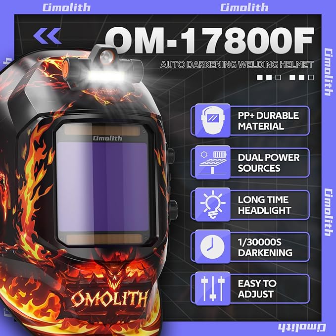 3.93"X3.66" Large Viewing 1/1/1/1 True Color Welding Helmet with Light, 4 Arc Sensor Auto Darkening Welding Hood, Wide Shade 4/5-9/9-13 for TIG MIG Arc Weld Grinding Welder Mask Flame Skeleton