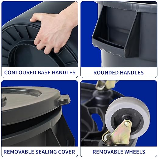 32 Gallon Outdoor Trash Can with Lid and Wheels, Removable Wheels and Sturdy Handle Outdoor Trash Can for Outdoors, Hospitals, Garages, Backyards and Yards (Grey)