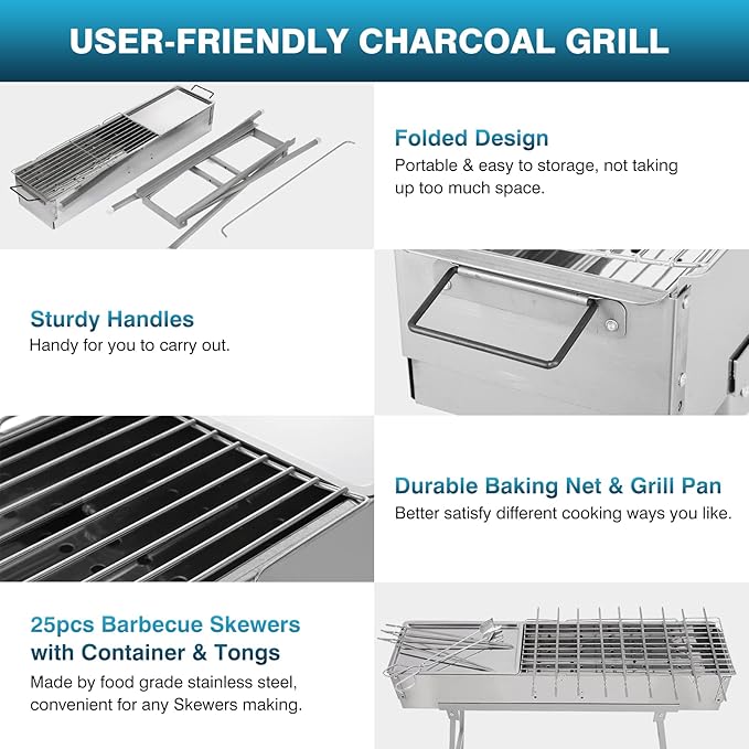 IRONWALLS Portable Charcoal Grills, L 32” x W 8” x H 31” Stainless Steel Folding Yakitori Grill with 25PCS 15” Kebab Skewers for Backyard Barbecue Outdoor Cooking Camping Hiking Picnic