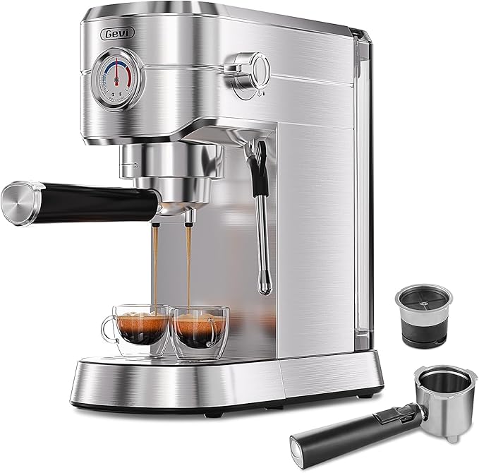 Gevi Espresso Machine 20 Bar with Portafilter for Nespresso Original Capsules and Coffee Powder, Professional Espresso Maker with Milk Frother for Cappuccino, Latte, Compact Espresso Coffee Machine
