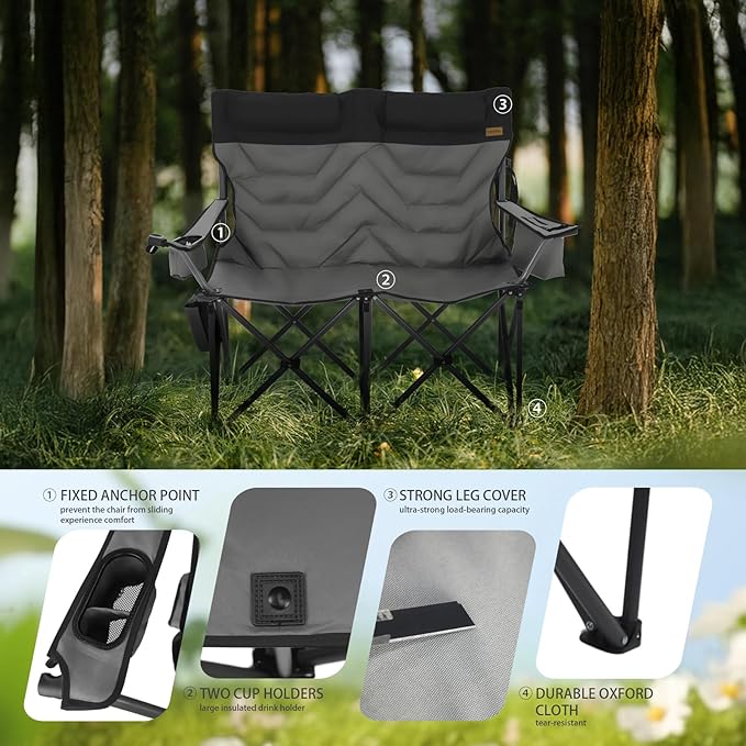 Folding Camping Chair - Oversize Camping Chairs for Adults, 2 Seat Folding Chair Support 650lbs with Pillows & Cup Holders & Cooler Bags- Heavy Duty Chair for Sports Garden Beach Fishing(Blackgray)