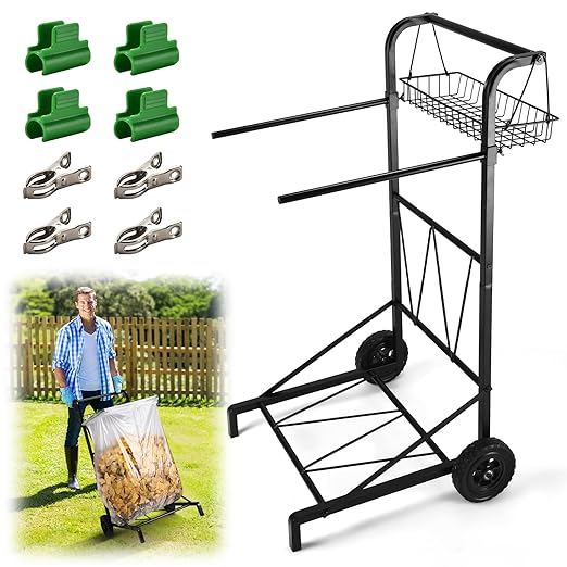 CAROD Upgraded Trash Bag Holder Cart with Storage Basket and Ergonomic Handle, Adjustable Outdoor Leaf Bag Holder from 30-45 Gallon Capacity, Ideal for Yard Clean-Up, Camping, Parties,Leaf Collection