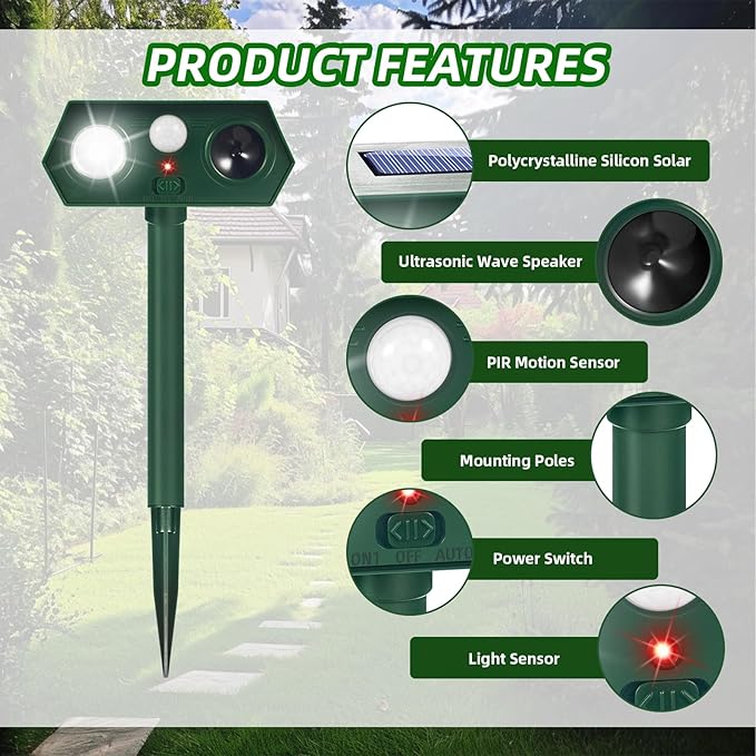 2Pack Solar Ultrasonic Animal Repellent Outdoor Cat Solar Animal Repeller with Motion Sensor&LED Flashlight Deer Repellent Devices to Scare Raccon Fox Rabbit Squirrel Skunk Repellent for Yard