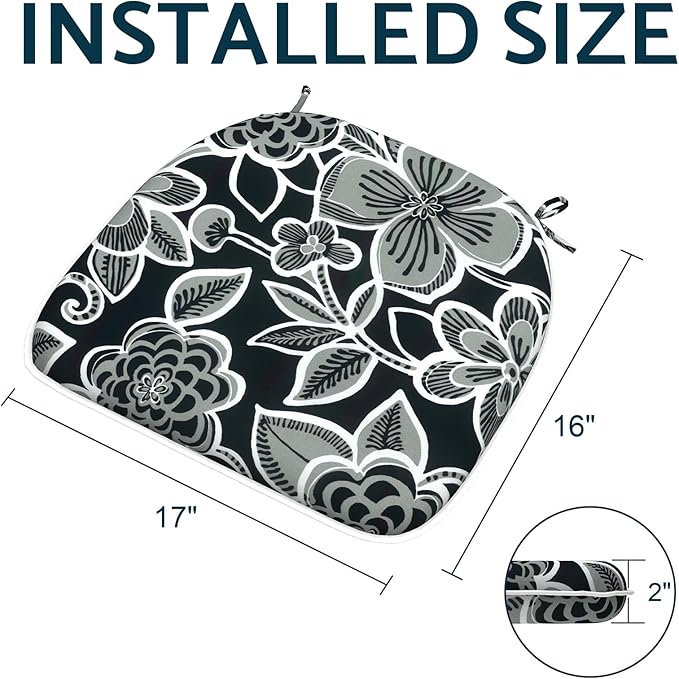 Indoor/Outdoor Chair Cushions 16x17 Inch, Patio Chair Cushions with Ties, All Weather Seat Cushions for Patio Furniture Home Garden Chair Use, Set of 4,Flower Black