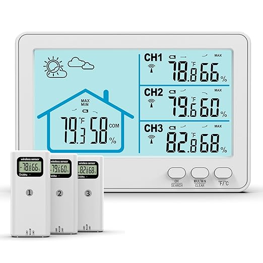 Indoor Outdoor Thermometer Wireless, 5 Inch Display Digital Hygrometer Thermometer Temperature Humidity Monitor with 328ft Range Sensor and Weather Station