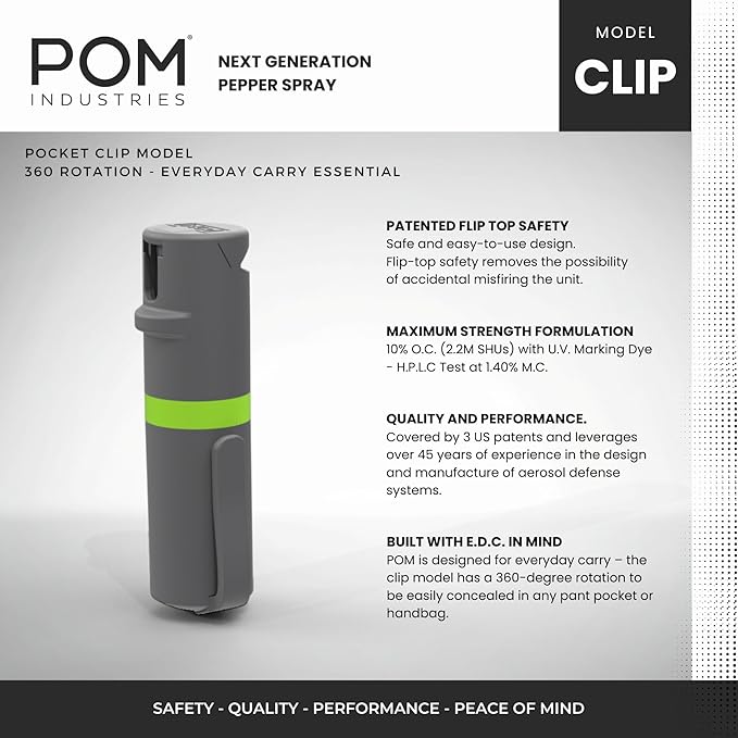 POM Pepper Spray Combo Pack, Keychain & Clip Model, Max Police Strength OC Formula, Quick Key Release, Flip Top Safety, 10 ft Range, 25 Bursts, 0.5 fl oz, Compact Tactical Design for Everyday Carry