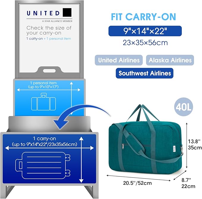 Carry on luaggage 22x14x9 Airlines Approved Foldable Carry on Bag Travel Duffel Packable Duffle Overnight for Women and Men 40L (Teal)