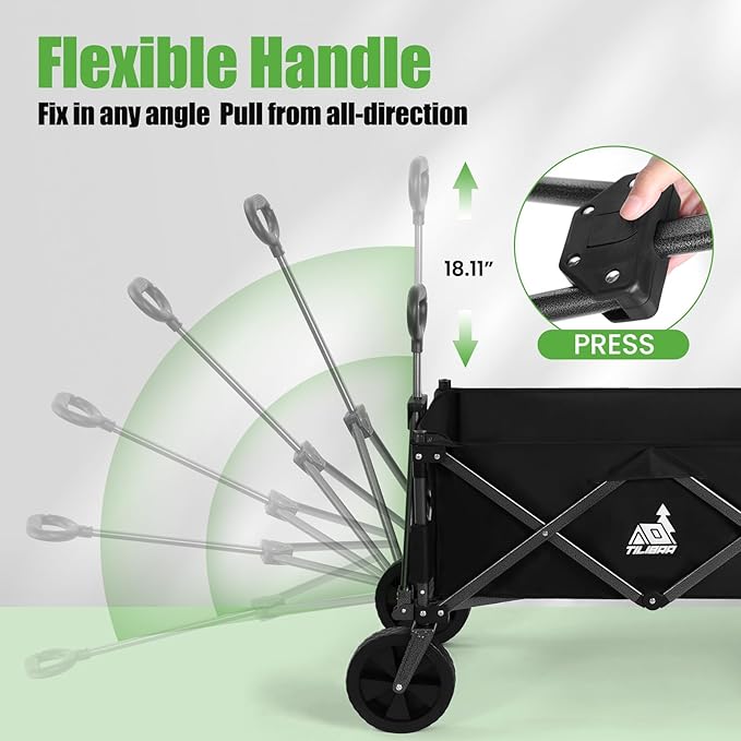 Collapsible Wagon Carts with Large Capacity, Foldable Grocery Cart with Side Pockets for Outdoor,Utility Beach Wagons Heavy Duty,300lb Load-Bearing for Camping, Garden, Sports, Shopping-Black