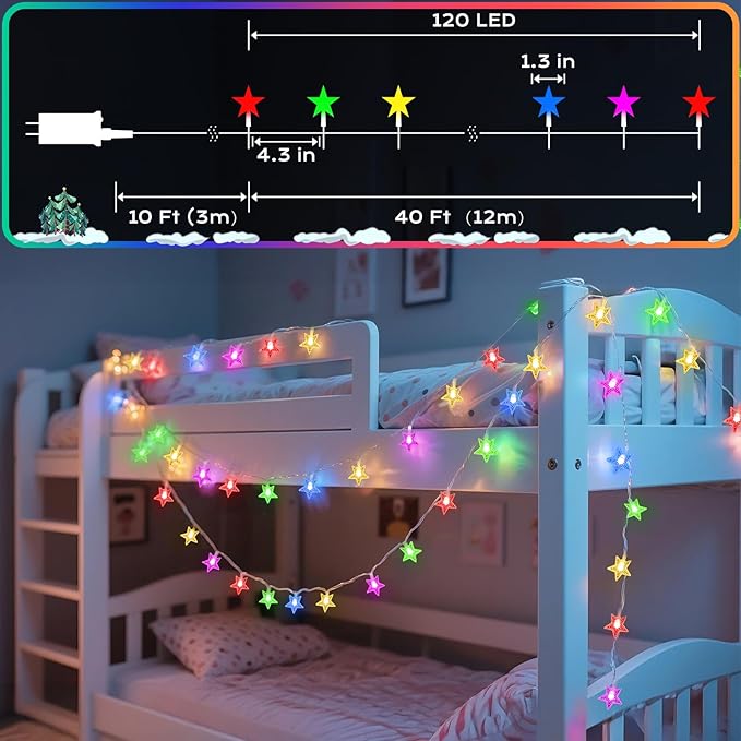 120 LED 40FT Star String Lights, 8 Modes Plug in Christmas Lights with Timer & Memory, Indoor Outdoor Christmas Twinkle Lights for Birthday Party Bedroom Wedding Home Classroom Decor Multicolor
