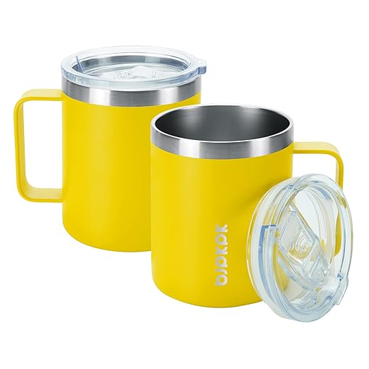 BJPKPK 2 pcs Insulated Coffee Mug, 14oz Insulated Tumbler with Lid, Stainless Steel Coffee Cups with Splash Proof Lid-Yellow
