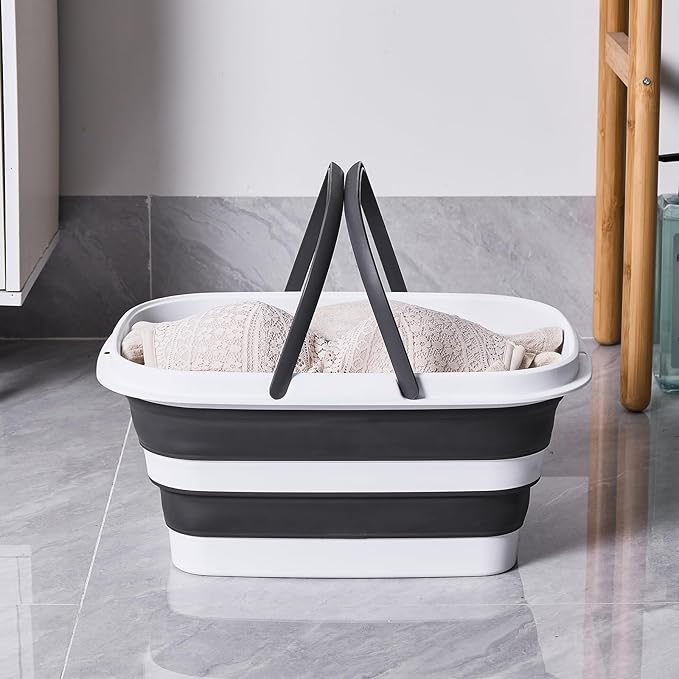 2.1 Gal(8 L) Small Collapsible Mop Bucket with Handle – Durable Plastic Square Silicone Cleaning Bucket for Mopping, Car & Window Washing – Space-Saving Storage Organizer – Pair of Silicone Gloves