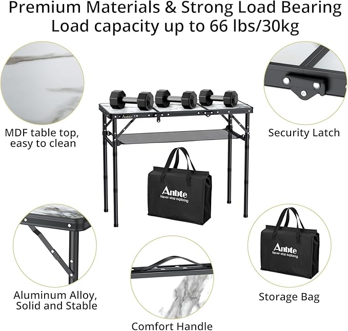Folding Camping Table, Aluminum Small Folding Table 3 Adjustable Height Max 27.5", Portable Table with Carry Handle, Lightweight, for Outdoor Indoor Travel Camping Picnic BBQ, 34.6" x 15.7"
