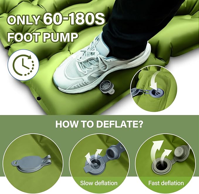 Double Sleeping Pad - Self Inflating 4" Extra-Thick for 2 Person with Pillow Built-in Foot Pump Inflatable Sleeping Mat for Backpacking, Hiking, Traveling, Tent, Portable Camping Mat