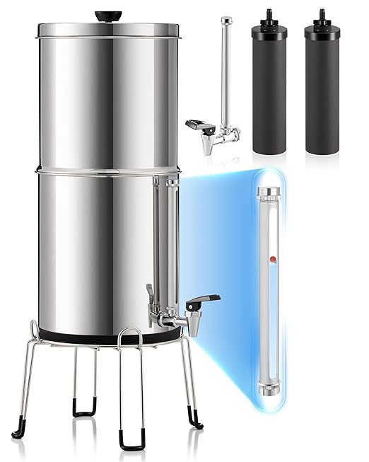 CO-Z Gravity-Fed Water Filter System, 2.25 gal UV Countertop Water Filtration System, Stainless Steel Water Purifier with 2 Carbon Filters, Water Level Spigot, Chamber Stand, NSF/ANSI 42 Certification