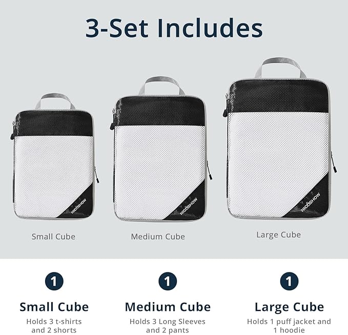 6 Set Compression Packing Cubes for Travel - Compressible, Lightweight, and Space-Saving Packing Cubes, Travel Essentials for Women, Black