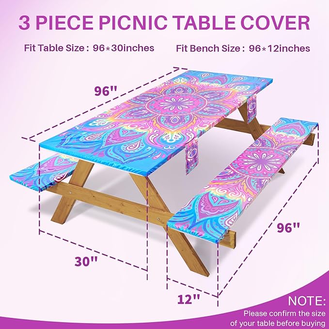 3 Piece 96x30Inch Picnic Table Cover with Bench Covers Fitted Elastic Weather Proof Camping Table Clothes Camp Motorhome Tools Gardening Rv Items Outside Road Trips Must Haves Gift for Adults