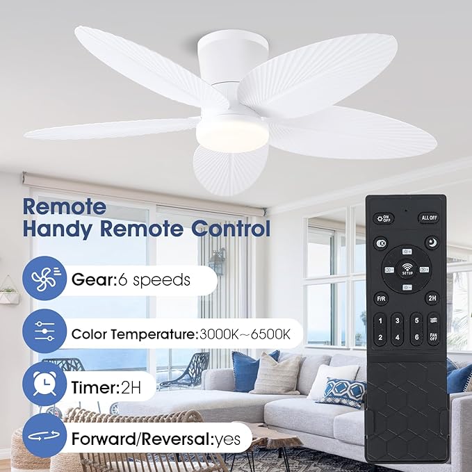 Palm Leaf Ceiling Fans with Lights-42 Tropical Ceiling Fan with Light and Remote/APP Control,Flush Mount Low Profile White Ceiling Fans for Bedroom,Indoor/Outdoor Patio Use