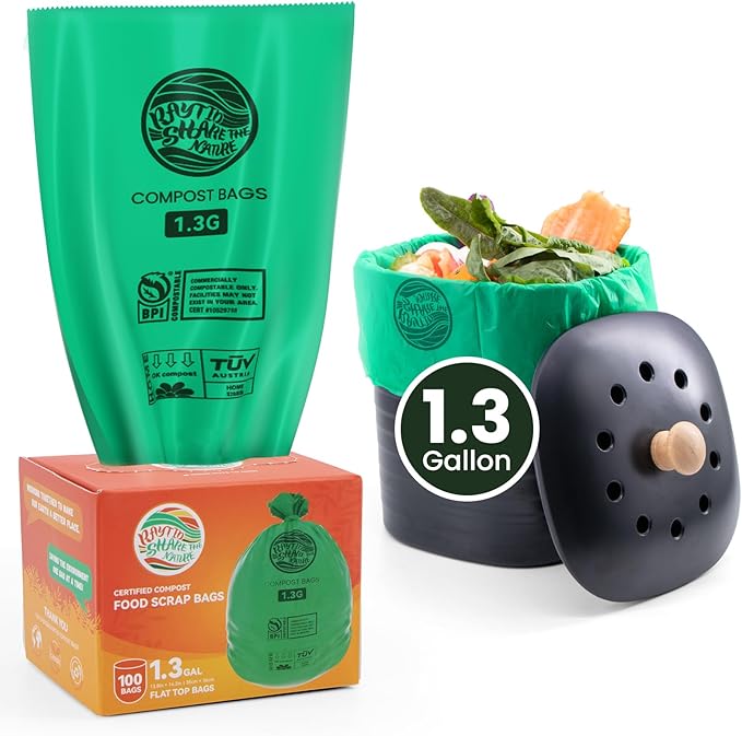 Compost Bags 1.3 Gallon,100 Count,Compostable Small Trash Bags for Kitchen Countertop Compost Bin 0.75, 1,1.2, 1.3Gallon,ASTM D6400, US BPI and Europe OK compost HOME certified