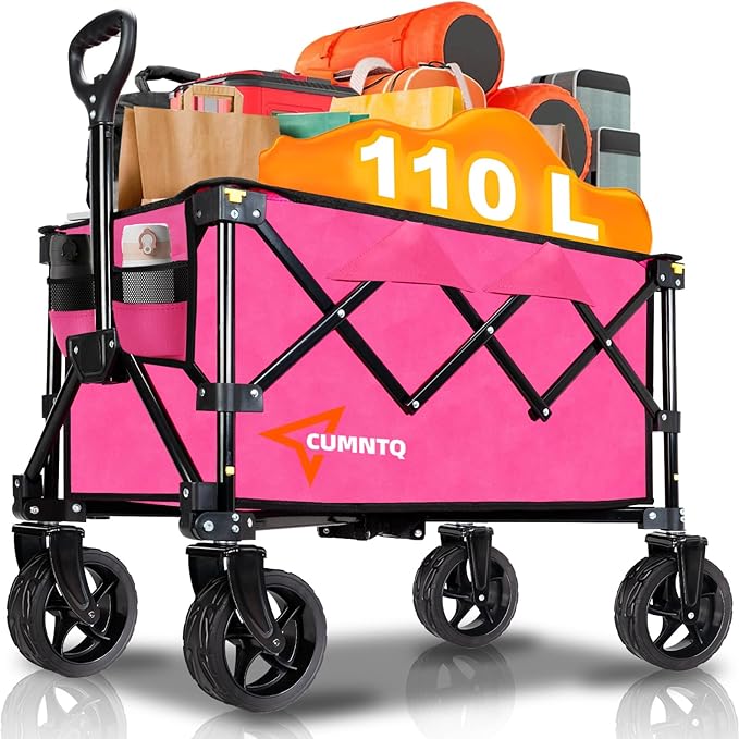 Collapsible Wagon Cart with Wheels, Heavy DutyFoldable Wagon Cart with 230lbs Weight Capacity, UtilityBeach Wagons Portable for Outdoor, Grocery, Camping,.Shopping, Rose Red