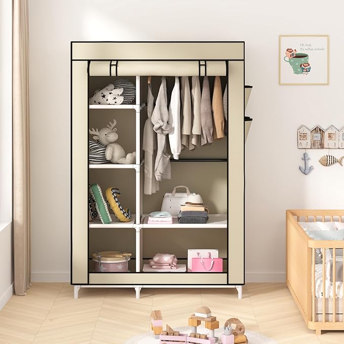 Calmootey Portable Closet Organizers, Clothing Storage, Wardrobe with 6 Shelves and Hanging Rod, Non-Woven Fabric Cover with 4 Side Pockets, Beige