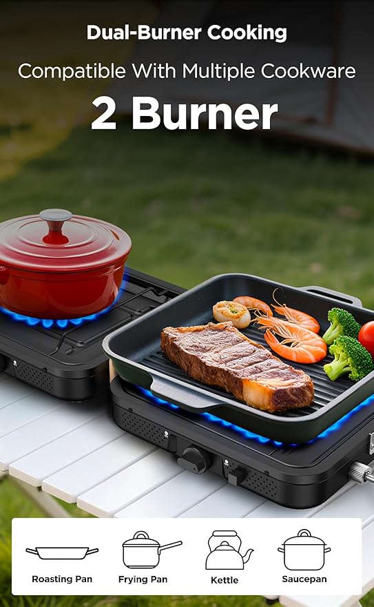 2 Burner Portable Propane Camping Stove, 2×5000 BTU Metal Compact Foldable Gas Burners Outdoor Cooking Stove with CGA600 5430 Propane Hose, Adjustable Flame, for Camping, Tailgating, Cooking Outdoor