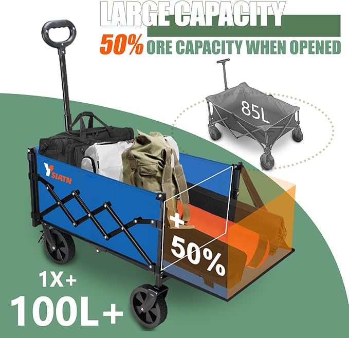 Collapsible Folding Wagon Cart with Tailgate - 300lbs Heavy Duty Foldable Utility Wagon and Brake Wheels - 100L Lightweight Grocery Wagons for Shopping Camping Sports Garden, Blue