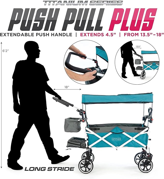 Creative Outdoor Wagon for Kids Push Pull Collapsible Stroller with Canopy Folding Cart | Titanium Series Plus | Beach, Park, Garden (Solid Teal)