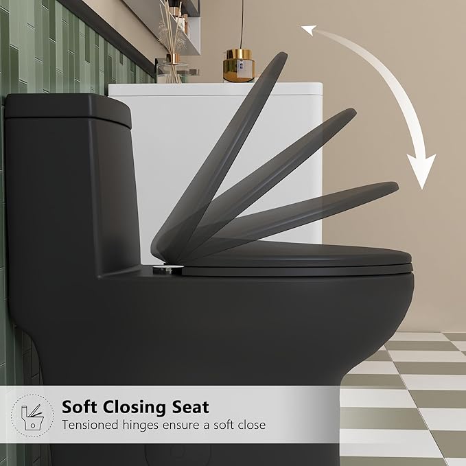 DeerValley DV-1F026B Elongated One Piece Toilet, Dual Flush 1.1/1.6 GPF Toilet with Comfortable Seat Height, Powerful & Quiet Modern Standard Toilet for Bathroom, 12" Rough-In