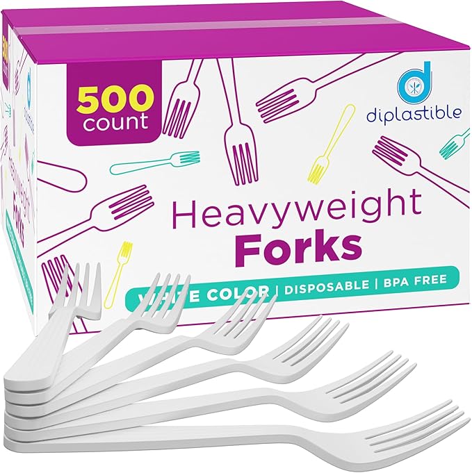 500 Count – Heavyweight Disposable White Plastic Forks | Big Party Pack Forks | Plastic Salad Forks |Great for Celebrations, Parties, Travels, Events, and Everyday Use