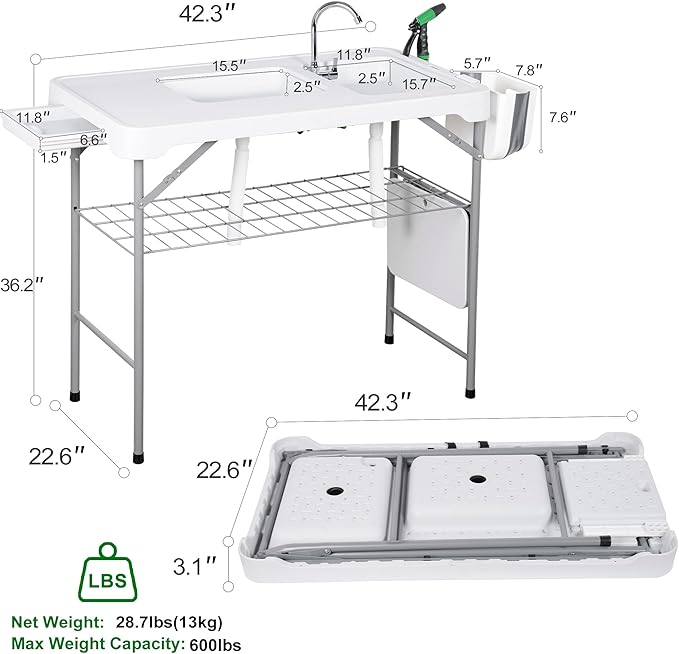 Allpop Fish Cleaning Table with 2 Sinks & Grid Rack, 42.5'' Portable Folding Camping Fish Station with Foldable Faucet, Drainage Hose, Sprayer, Storage Box, Drawer & Grooves for Picnic, White