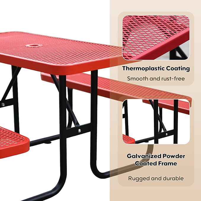 4FT Metal Picnic Tables for Outdoors, Commercial Rectangular Picnic Table and Bench Set for Outside, Patio, Garden, Backyard, Porch, Surface Mount, Red
