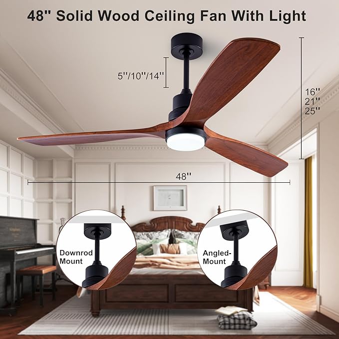 48" Wood Ceiling Fan with Light and Remote Control, Indoor Outdoor Wooden 3 Blades Ceiling Fan for Patio Living Room, Bedroom, Office,Reversible DC Motor(Black+Dark Walnut)
