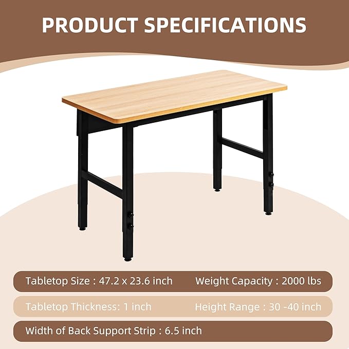 48" Adjustable Workbench, Work Table for Garage, 2000 LBS Capacity Hardwood Work Bench, Heavy Duty Table for Workshop, Office, Garage, Home